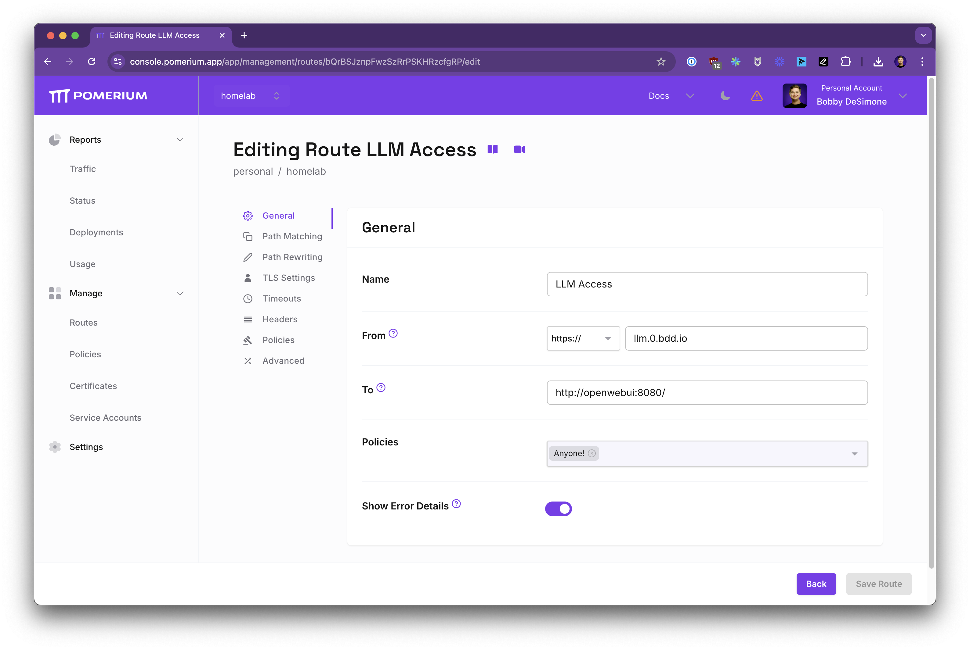 Screenshot of Pomerium route editing UI showing "LLM Access" route configuration