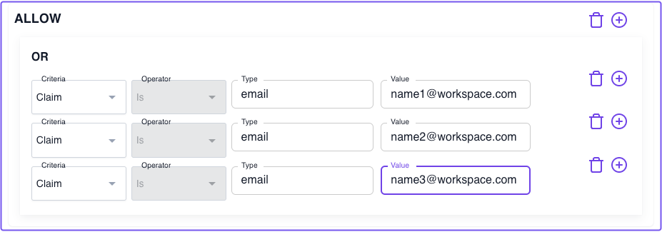 Entering the user's email claim as policy criteria in the PPL builder