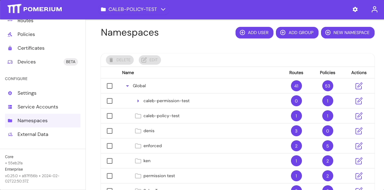 Manage Namespaces in the Enterprise Console's Namespaces dashboard