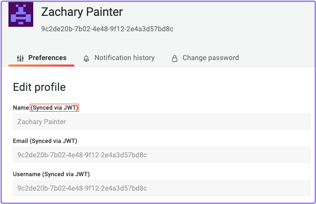 Name, Email, and Username fields that say Synced via JWT in the user's profile page in Grafana